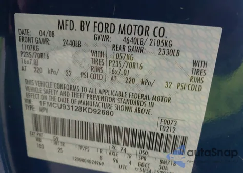 2008 Ford Escape Xlt from USA, damaged, VIN 1FMCU93128KD92680